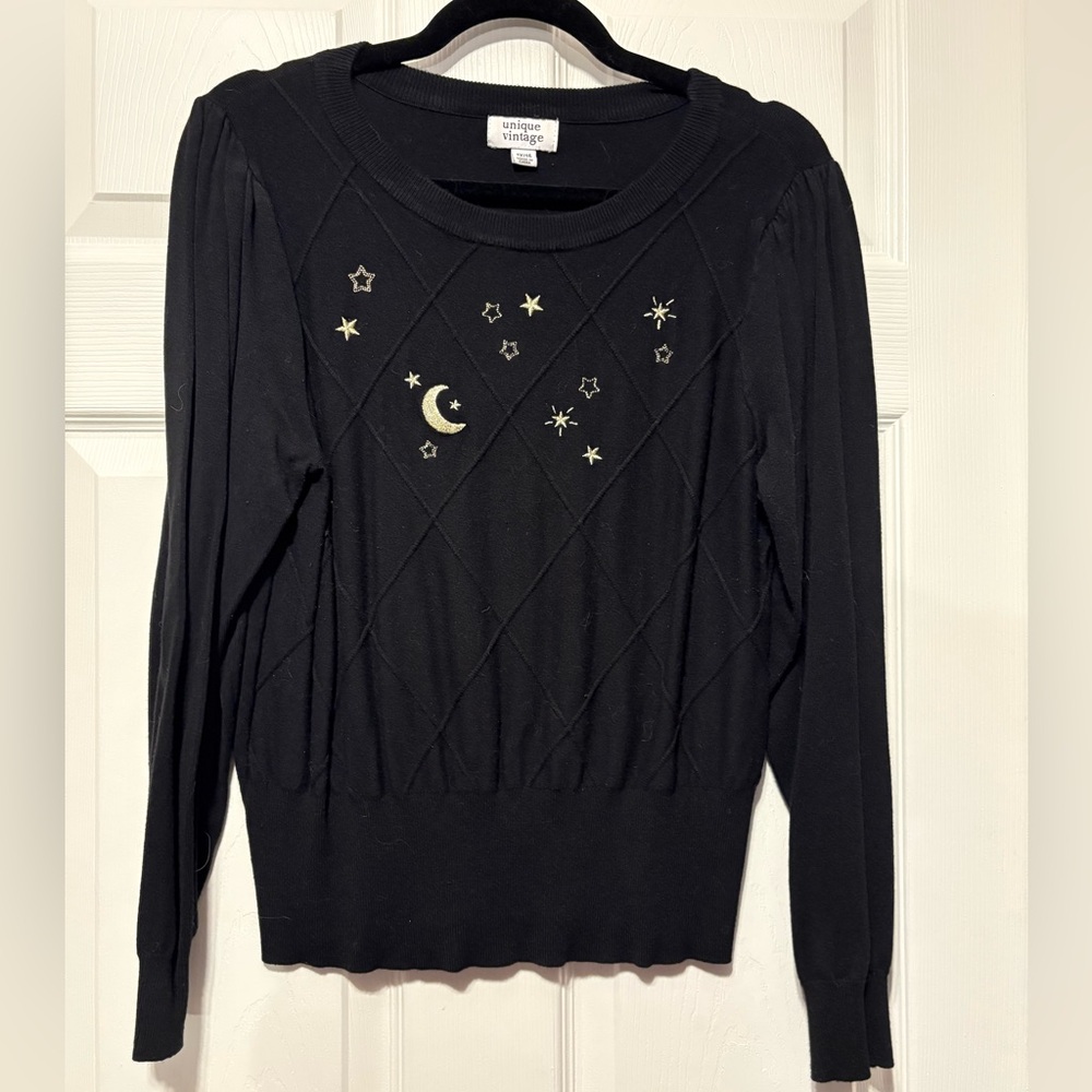 Unique Vintage Black Sweater with Gold Moon & Stars
